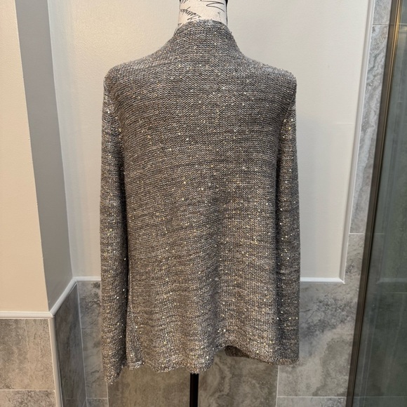 White House Black Market Silver Shimmer Gold Sequin Open Front Cardigan Size L - Picture 3 of 5